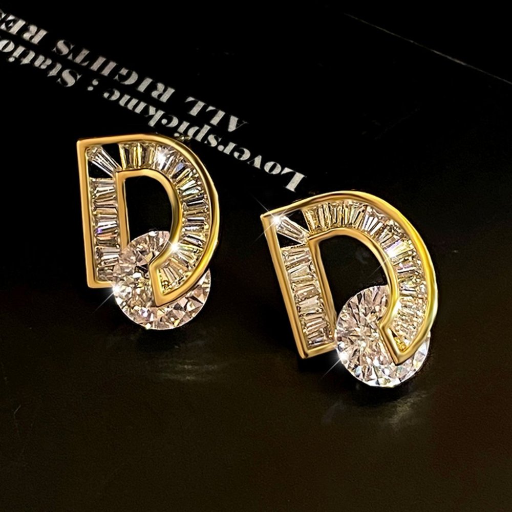 Minimalist D Sparkling Zircon Earrings Gold and Silver